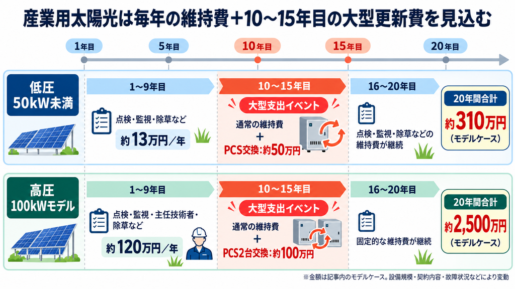 産業用太陽光発電の20年間にかかる維持費を、低圧50kW未満と高圧100kWモデルで比較した時系列図。1〜9年目の年間維持費に加え、10〜15年目にPCS交換などの大型更新費が発生し、20年間の総額目安を示している。